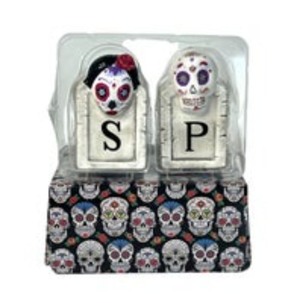 Halloween Day of the Dead Sugar Skull Headstone Salt & Pepper Shakers Decor